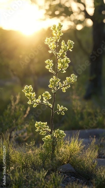 Fototapeta A young sapling basks in the warm glow of a setting sun, its leaves illuminated, creating a serene and peaceful scene.