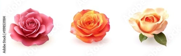 Fototapeta Three roses of different colors isolated on white background. (2)