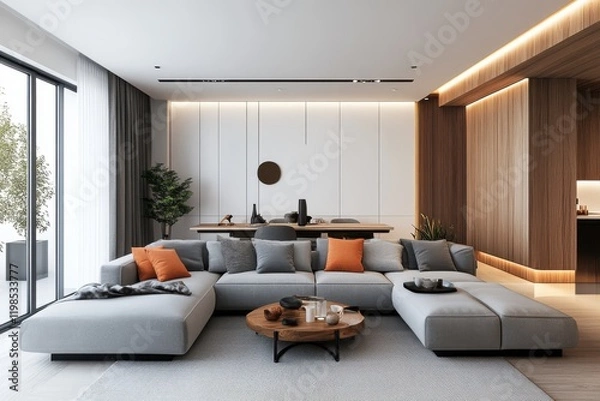 Fototapeta Modern minimalist living room neutral color palette white modular sofa wooden paneled walls open shelf alcove decorative items