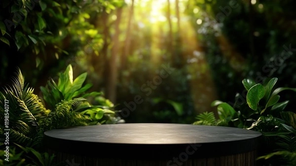 Fototapeta Dark Round Wooden Table in Lush Tropical Jungle Setting