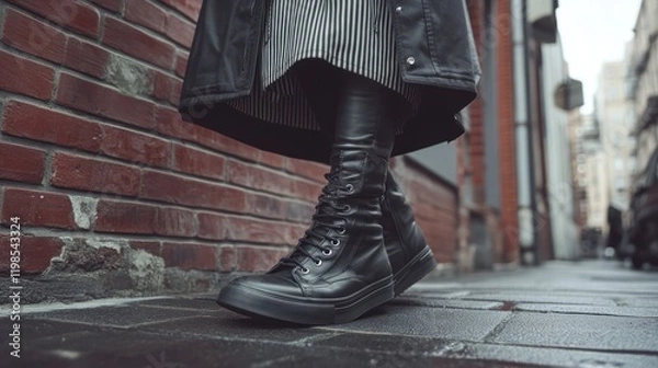 Fototapeta Stylish black boots worn by a person on a cobblestone street with brick walls in the background