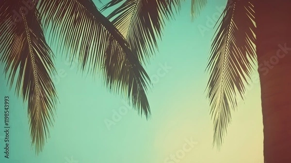 Fototapeta Palm fronds against a tranquil pastel sky background