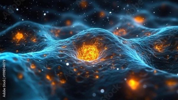 Fototapeta Vibrant abstract representation of cellular structures illuminated by glowing particles in a dark background