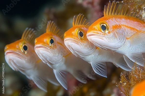Fototapeta Four striking orange fish, closely arranged, creating a captivating underwater scene.