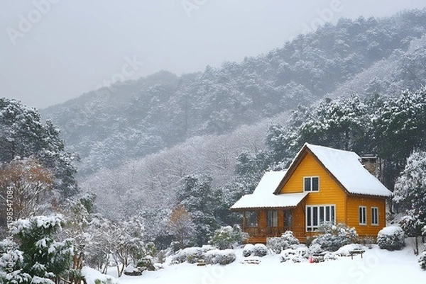 Fototapeta A charming yellow cabin sits amidst a snow-covered mountain forest, offering a peaceful winter escape.