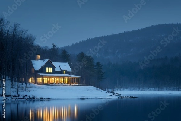 Fototapeta A cozy lakeside cabin glows warmly against the backdrop of a snow-covered winter landscape at dusk.