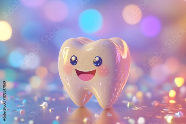 Fototapeta Cute tooth character smiling on a colorful background with bokeh lights, in a cartoon style