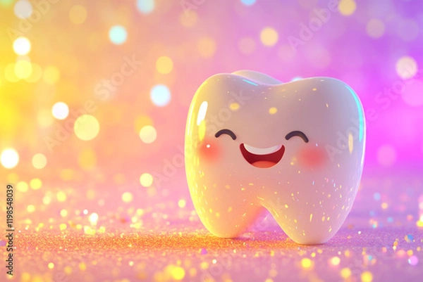 Fototapeta Cute tooth character smiling on a colorful background with bokeh lights, in a cartoon style