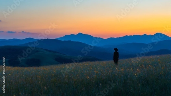 Fototapeta A person silhouetted against a vibrant sunset over rolling mountains.  The scene is peaceful and serene.