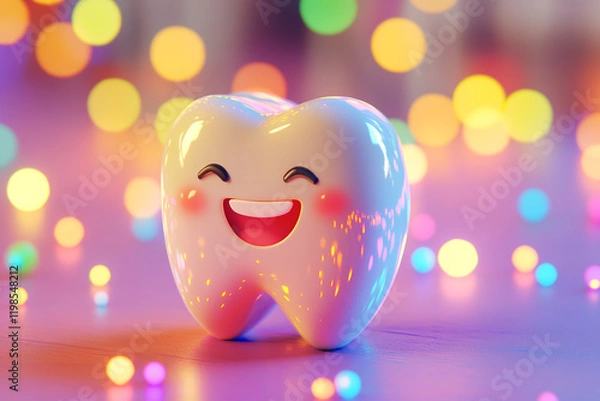 Fototapeta Cute tooth character smiling on a colorful background with bokeh lights, in a cartoon style