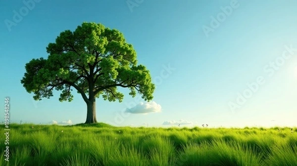 Obraz Serene Landscape Featuring a Majestic Oak Tree on a Verdant Meadow Under a Clear Blue Sky