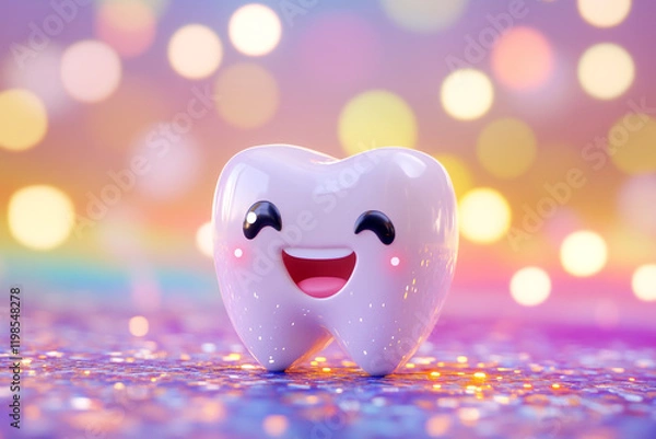 Fototapeta Cute tooth character smiling on a colorful background with bokeh lights, in a cartoon style
