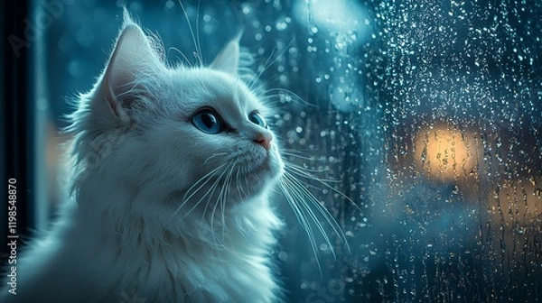 Fototapeta A fluffy white cat with bright blue eyes looks out a rain-streaked window at night.