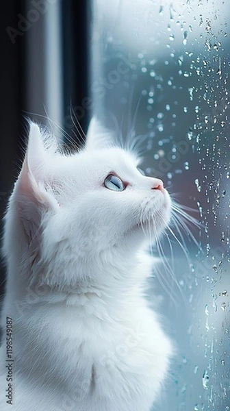 Fototapeta Adorable white kitten looking out a rain-streaked window.