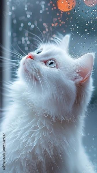 Fototapeta A fluffy white kitten looks up at raindrops on a window, a captivating moment of innocence and wonder.