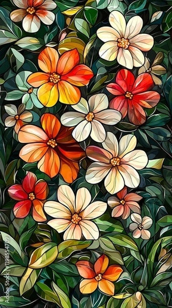 Fototapeta A vibrant illustration of various flowers in full bloom, showcasing a rich tapestry of colors and intricate details.  A stunning display of botanical artistry.