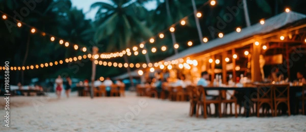 Fototapeta beautiful outdoor dining setup on beach, illuminated by string lights, creating warm and inviting atmosphere for guests. scene captures relaxed evening vibe