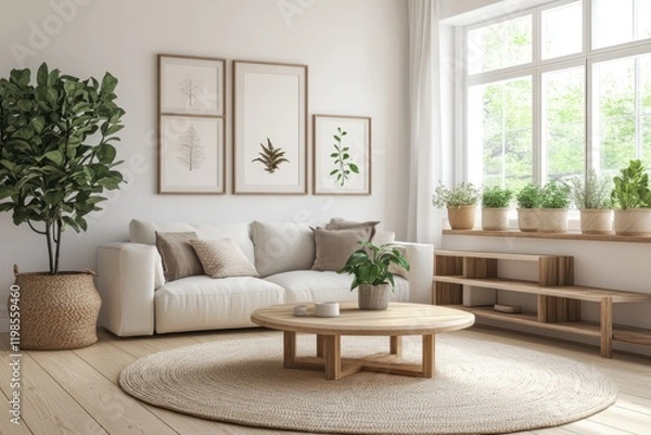 Fototapeta Modern minimalist living room neutral tones large corner sofa soft lighting potted plant round coffee table