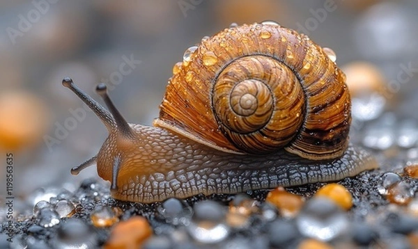 Obraz Dew-covered snail crawls on wet stones.