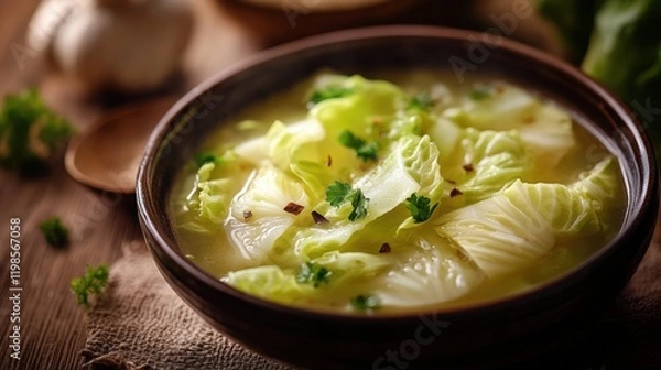 Fototapeta Close up of cabbage soup on a bowl