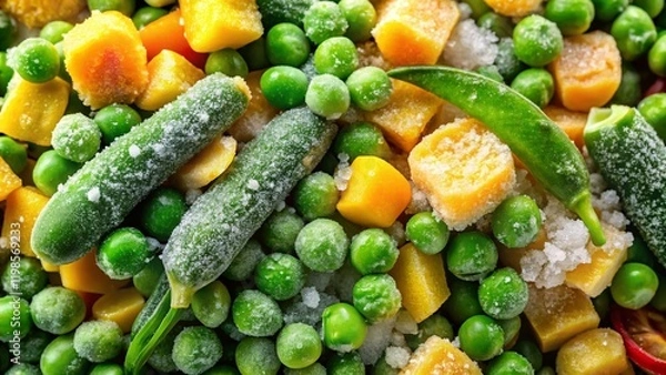 Obraz Aerial Macro Shot of Frozen Vegetables: Peas, Corn, and Green Beans
