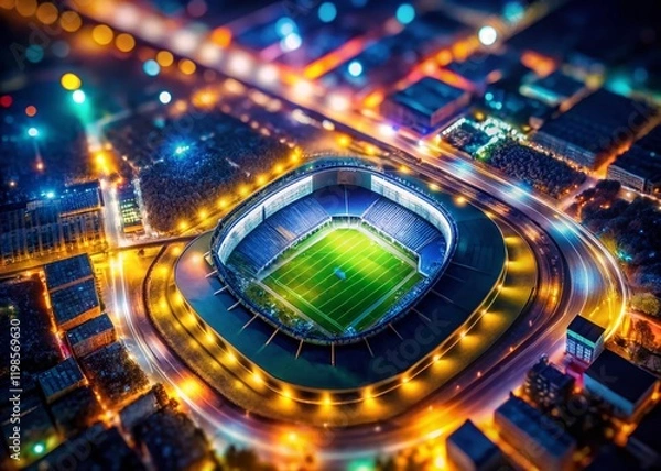 Obraz Aerial Night Soccer Stadium, Bokeh Lights, Impressionistic View