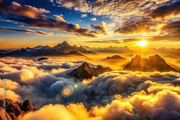 Obraz Aerial Panoramic Mountain Landscape with Bokeh, Stunning View from Above the Clouds