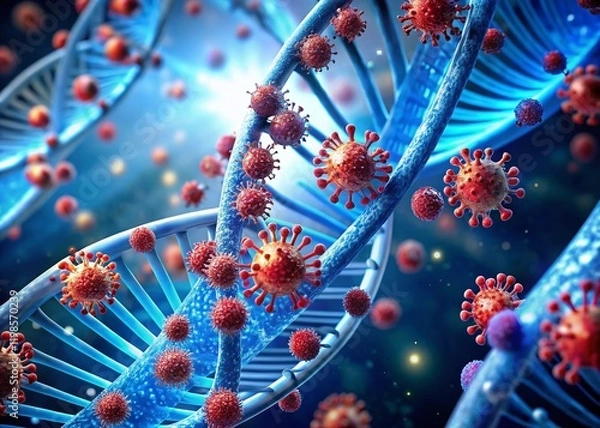 Obraz Aerial View: 3D Blue DNA Helix with Viruses, Genetic Research Concept