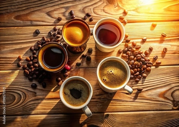 Obraz Aerial View: Aromatic Coffee Cups on Bright Background - Drone Photography