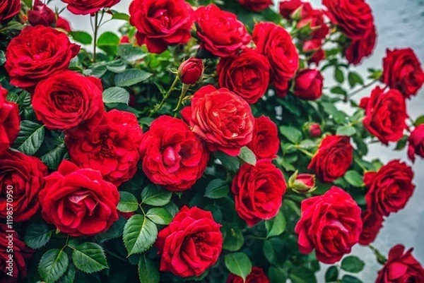 Obraz Aerial View Blooming Red Rose Bushes Isolated White Background - Stock Photo