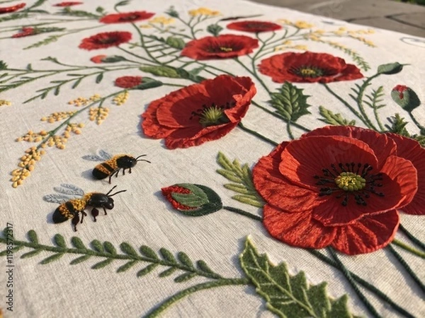 Obraz Aerial View Embroidery Floral Pattern Poppies Bees Spring Summer Nature