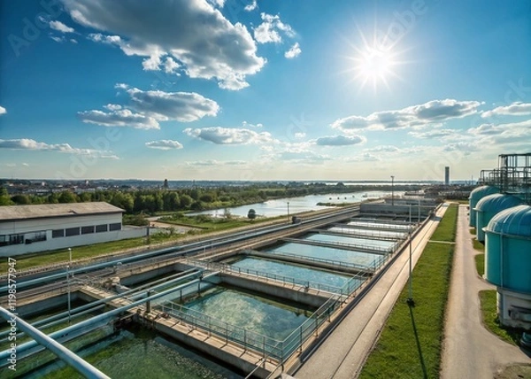 Obraz Aerial View of a Water Treatment Plant and Distribution Network: Sustainable Water Supply Infrastructure