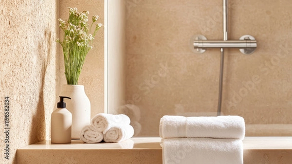 Obraz serene spa like bathroom featuring walk in rain shower, neatly arranged towels, and decorative vase with flowers. warm tones create calming atmosphere