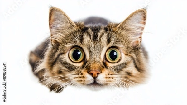 Fototapeta Curious cat peering, wide eyes, white background, pet portrait