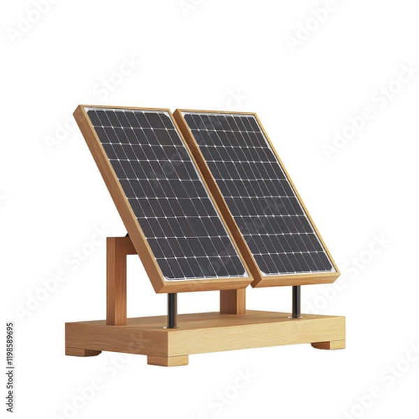 Fototapeta A dual solar panel system mounted on a simple wooden stand against a white background.