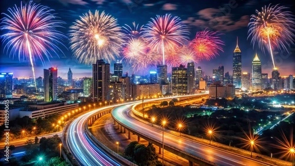 Fototapeta Happy New Year Fireworks Light Trails Long Exposure Photography