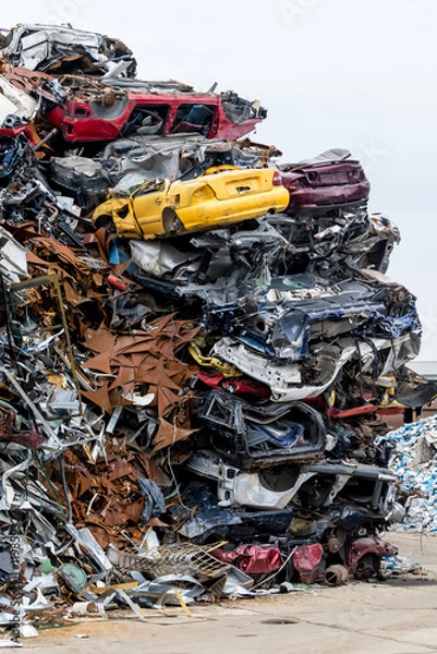 Fototapeta Dumping ground. Scrap metal heap. Compressed crushed cars is returned for recycling. Iron waste ground in the industrial area. Stacked automobile