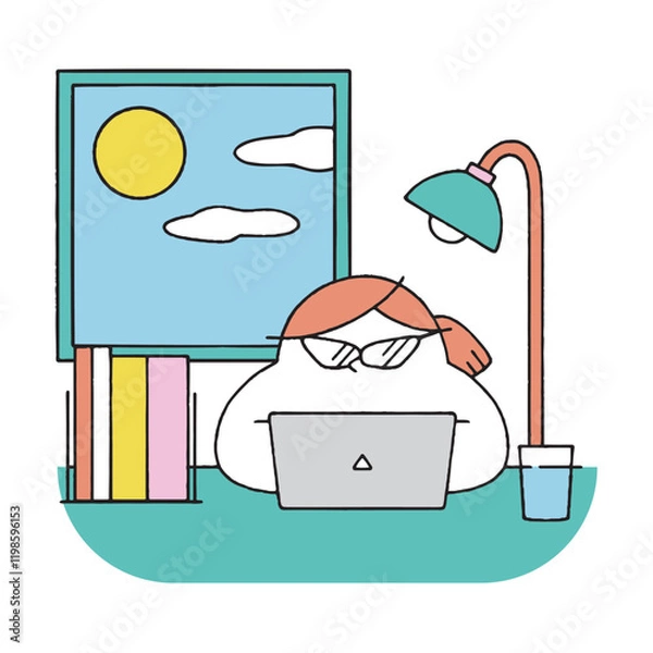 Fototapeta 在宅ワーク中のガリ勉女性(朝)