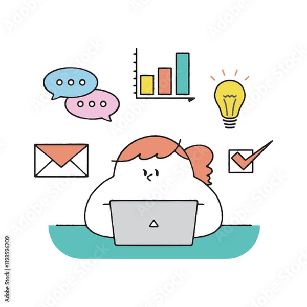 Fototapeta ビジネスアイコンとパソコン作業をする女性