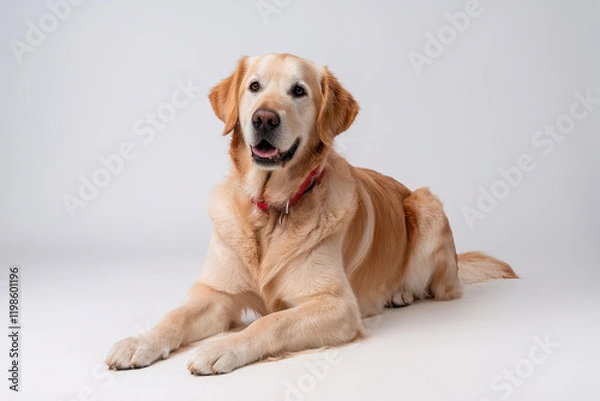 Obraz Golden retriever sitting calmly on a white background, showcasing a friendly expression