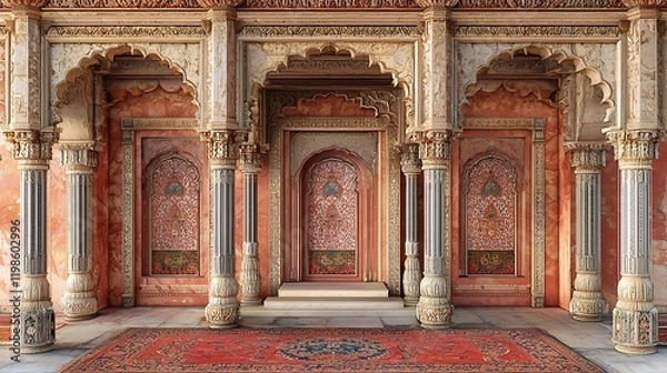 Fototapeta Ornate Palace Interior with Intricate Columns, Arches, and Persian Rug.