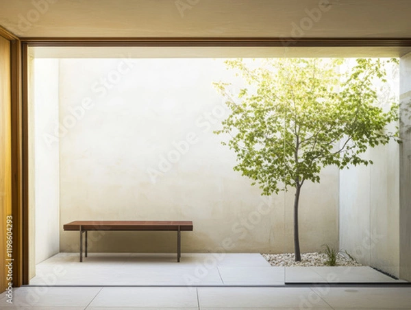 Fototapeta Serene courtyard with minimalist bench and tree during bright daylight