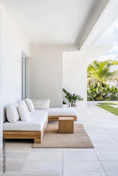 Fototapeta Modern outdoor lounge area with minimalist design and lush greenery in sunny setting
