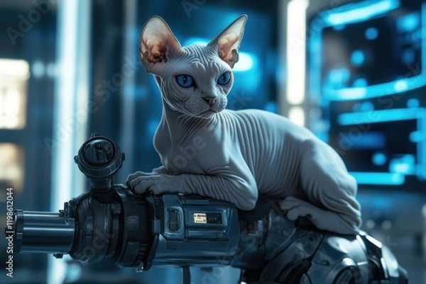 Fototapeta Futuristic scene Sphynx cat on robotic arm in lab