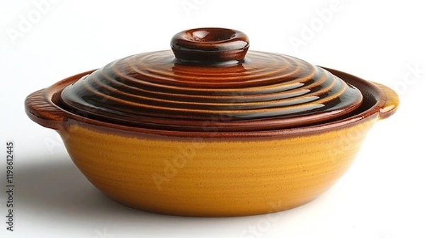 Fototapeta A round, lidded ceramic dish with a ridged design, ideal for cooking and serving food.