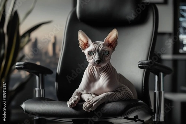 Fototapeta Sphynx cat on modern chair with futuristic backdrop striking details