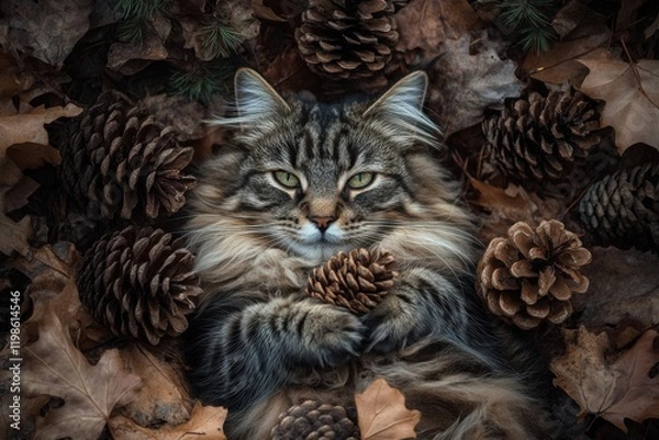 Fototapeta Norwegian Forest Cat with pinecones in soft lighting outdoors