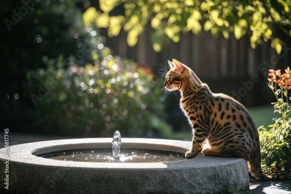 Fototapeta Dynamic composition featuring Bengal cat in backyard sunlight