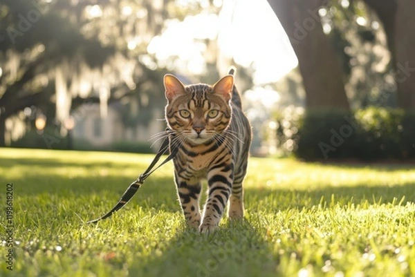 Fototapeta Vibrant photo of Bengal cat in a park setting