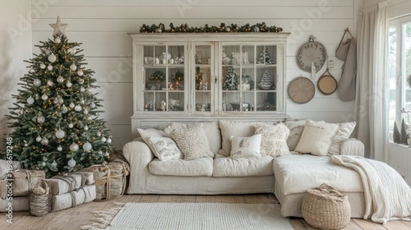 Fototapeta Christmas tree in rustic living room with presents